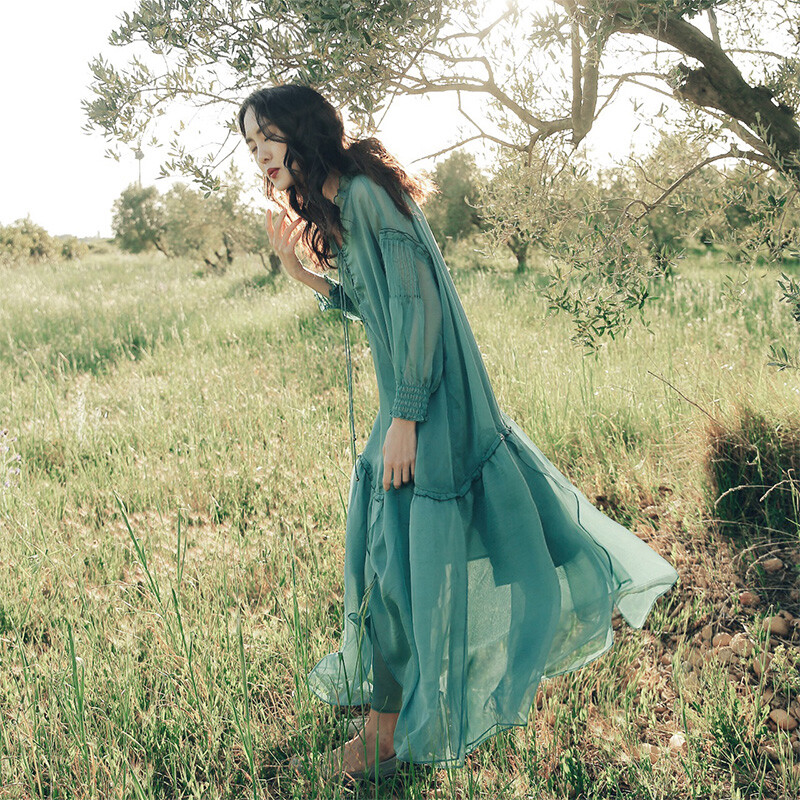 茉莉扶苏《橄榄枝》精工鱼尾摆仿真丝纱裙两件套森女森系纱裙