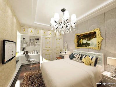 
http://www.jiaju100.com/anli/detail-15.shtml
卧室最重要的是要创造出舒适的睡眠空间，一切摆饰都以简洁、和谐为主。欧式风格强调简约而不失时尚，惬意而兼有浪漫。精益求精的细节设计，考究的功能区规划，使卧…