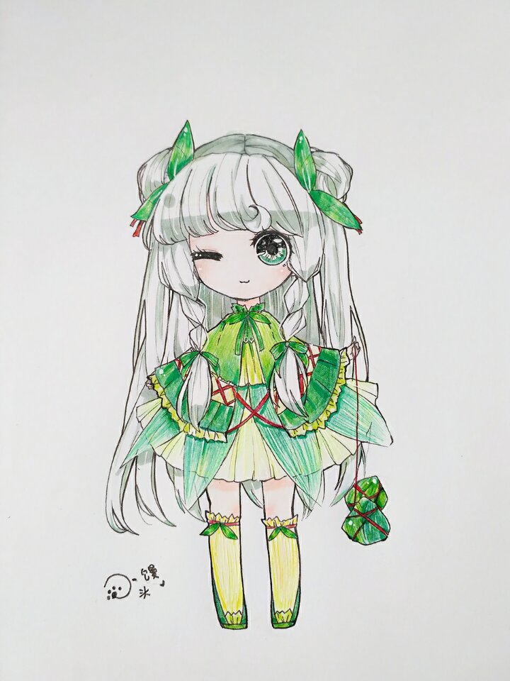 手绘彩铅q版女孩粽子