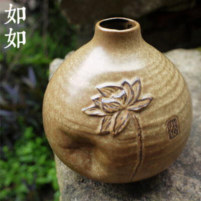 手工雕刻粗陶茶具花器花插花瓶茶道摆件创意装饰工艺品