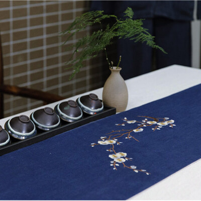 茶席麻布棉麻禅意中式桌旗刺绣 手工布艺茶道日式茶垫茶旗