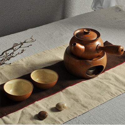 粗陶茶具套装复古风格温水壶 酒精炉可加热陶瓷茶壶茶杯