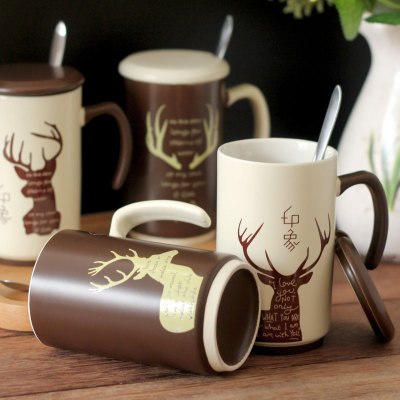 创意陶瓷杯子水杯牛奶咖啡杯马克杯骨瓷卡通带盖勺可爱麋鹿情侣杯