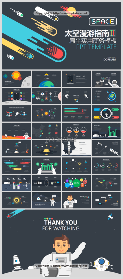 【太空漫游指南II】实用扁平商务报告PPT模板