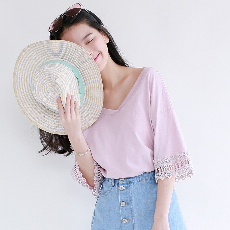 复古文艺小清新大v领蕾丝拼接t恤女七分袖宽松显瘦半袖体恤衫韩范