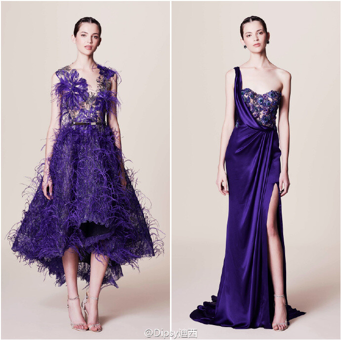 Marchesa Resort
2017┃珠片宝石流苏羽毛，手工制作而成的3D立体花卉刺绣～设计师这一季要讲述的是纸醉金迷的拉斯维加斯夜场派对～灵感来自95年Martin Scorsese执导的美国电影《赌城风云》～色调通过午夜的蓝，妖魅的紫所发散～