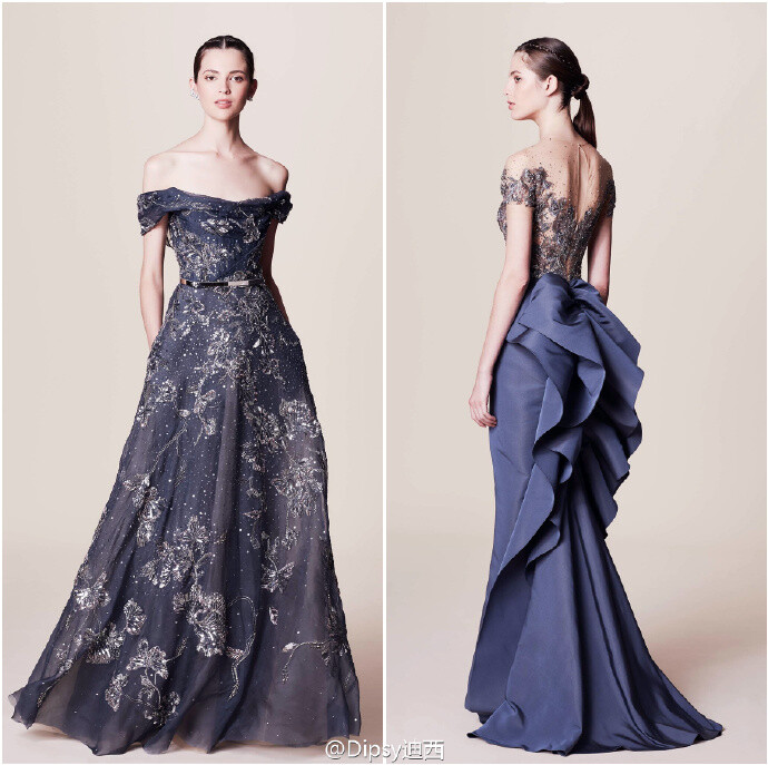 Marchesa Resort
2017┃珠片宝石流苏羽毛，手工制作而成的3D立体花卉刺绣～设计师这一季要讲述的是纸醉金迷的拉斯维加斯夜场派对～灵感来自95年Martin Scorsese执导的美国电影《赌城风云》～色调通过午夜的蓝，妖魅的紫所发散～