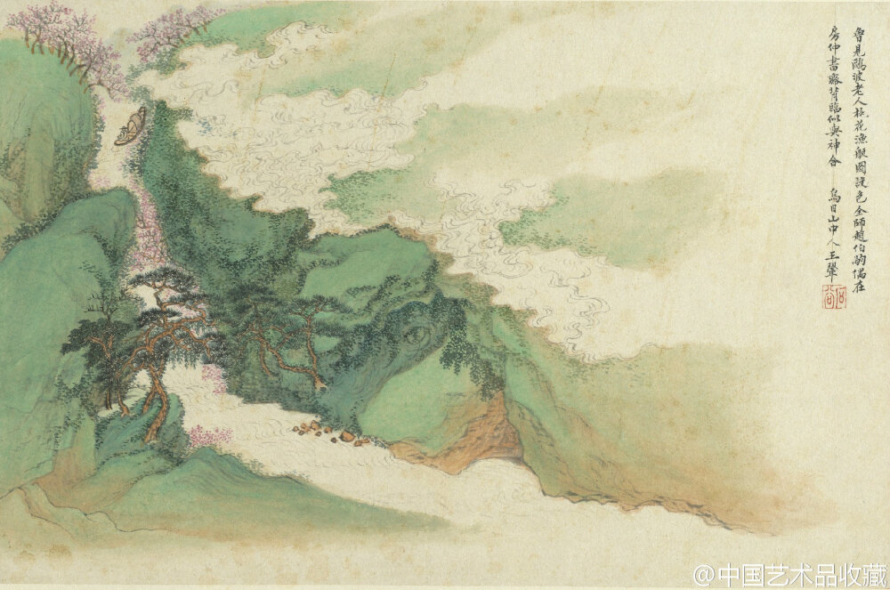 #国画#【 清 恽寿平 王翚 《花卉山水合册》 】册页（共十二开），纸本设色，28.5×43cm×12，台北故宫博物院藏。 此为恽寿平（1633-1690）与王翚（1632～1717）两位画家的合作画册，为康熙十一年（1672），两人同游江苏宜兴时合作绘画，王翚并题诗于画册上，是年恽氏四十岁。画册中有恽寿平画花卉、王翚画山水各六开，共计十二开。恽寿平花卉以没骨手法，又讲究水份运用，能创造出清雅花卉姿态。王翚则以仿赵孟頫、高克恭、李成、曹知白、王维等古代山水名家为题，託古创新，各幅皆于前人面貌中别开心裁。如于仿王维山水一开，以墨染天地、山峰留白造出漫天雪景后，又增抹青绿于山体，为冬景添清新生趣。