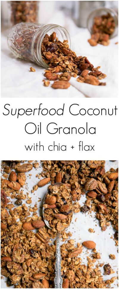 Healthy coconut oil granola naturally sweetened with honey. Delicious nutrition from chia, flax, pecans & almonds. Make a batch and enjoy it throughout the week!