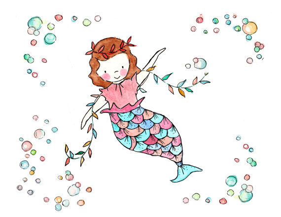 Under the Sea I -- Mermaid Bubbles Nursery Art Print