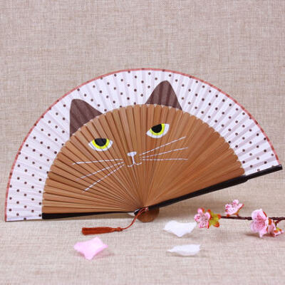 一品兰竹扇子中国风猫咪卡通古风折扇日式真丝手绘女式折叠扇日本