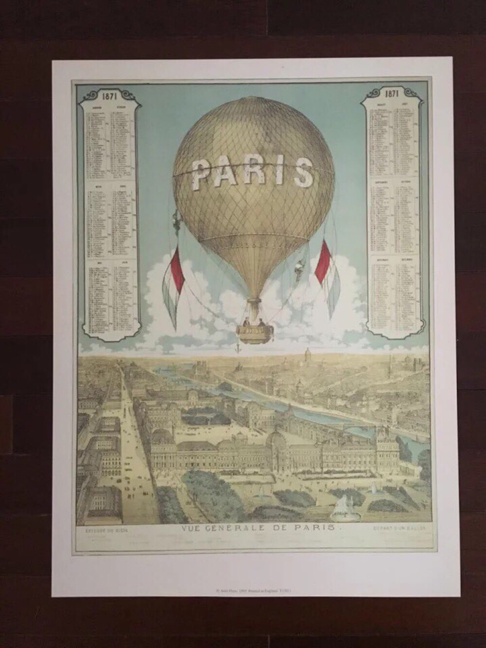 ￼ vintage 英国全新库存 70、80年代插画手绘印刷品，复古热气球画芯，40*30cm，很有质感的硬纸微微泛黄。