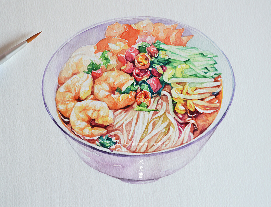 #木龙蕾/绘# 手绘食物 虾仁辣椒面 水彩画 原创 插画