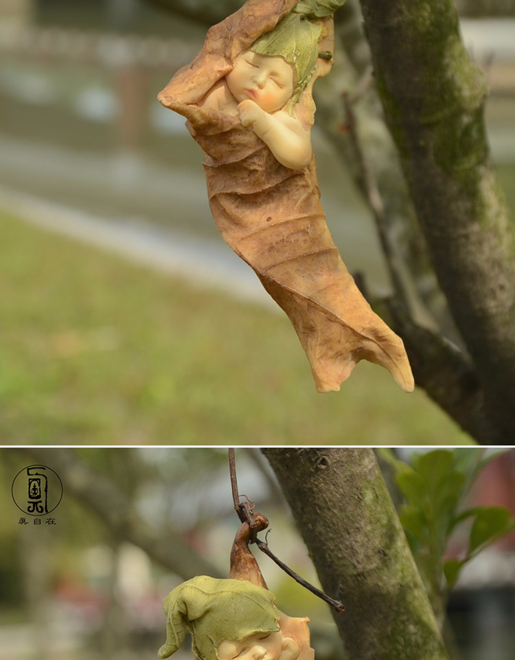 真自在新品可爱睡觉树叶小精灵迷你婴儿树脂娃娃摆件花园家居装饰