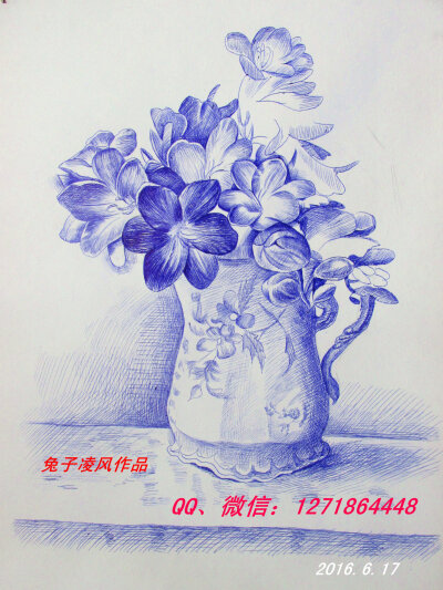 兔子凌风陶启全圆珠笔画花手绘画画艺术