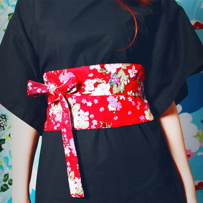 原创自制 日式复古和风百搭烫金定型纯棉印花红色宽腰封日本腰带