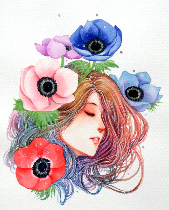 少女鲜花头像水彩画师soma