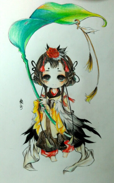 颜兮，qq部落，手绘，彩铅，q版，线稿，手绘，教程