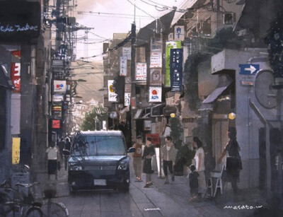 一组来自水彩画家渡部政人的日本城市街头风光水彩画，老城味道，美的不要不要的