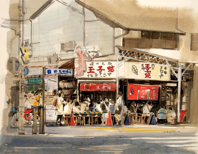 一组来自水彩画家渡部政人的日本城市街头风光水彩画，老城味道，美的不要不要的