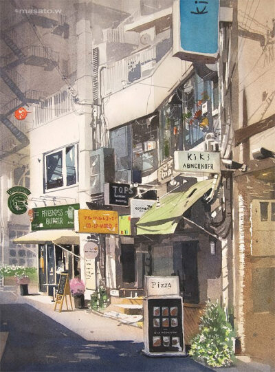 一组来自水彩画家渡部政人的日本城市街头风光水彩画，老城味道，美的不要不要的