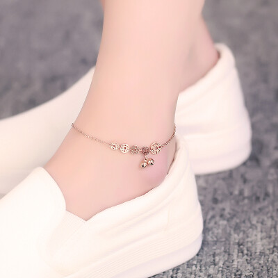 新款18k玫瑰金脚链女韩版气质五钱币铃铛钛钢足链防过敏生日礼物