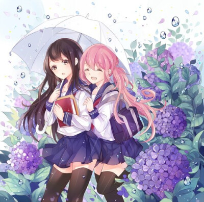 萌妹子 百合 下雨 花 伞 粉色发型 褐色发型 女生友谊 校服 动漫人物