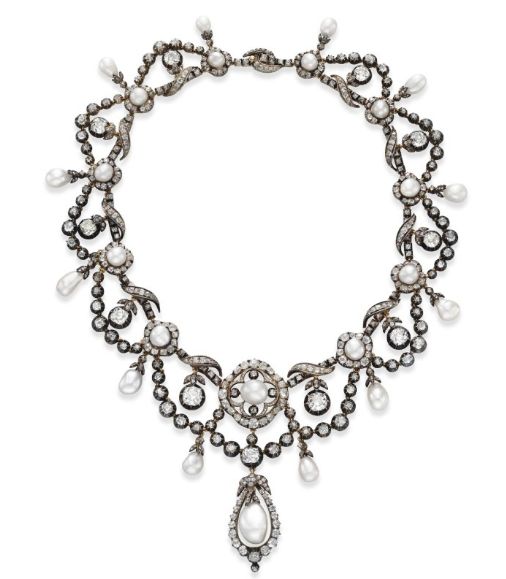 天然珍珠和钻石项链-大约1860