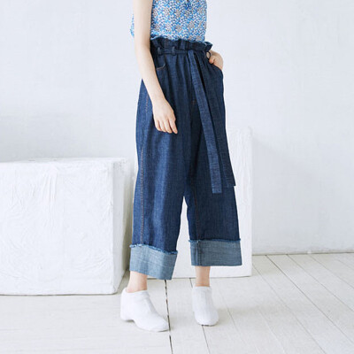 2016夏季 欧美复古高腰系带毛边卷边九分阔腿牛仔裤女