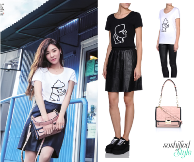 Karl Lagerfeld:
Soft Leather Skirt @ karl.com €475
Rocky Choupette Tee @ karl.com €85
‘K/Kuilted’ Mini Handbag @ karl.com €415