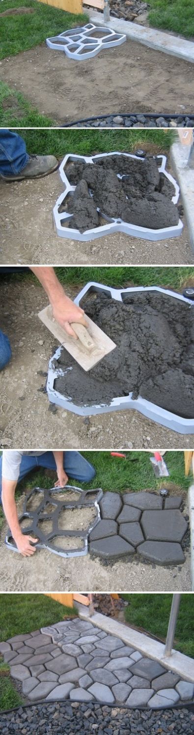 DIY walkway. use a picture frame with multiple spaces, and a $4.00 bag of cement. Prettier and cheaper way to do a walk.