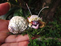 Cute fada minúscula Mersnail Sereia em Shell por Celia Anne Harris OOAK
- Execuções