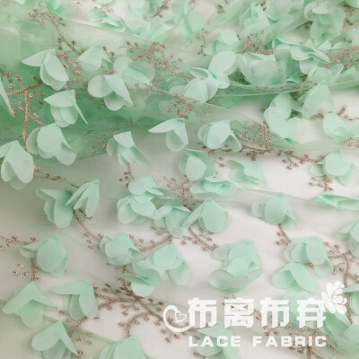 【新品】重工金线刺绣绿色雪纺立体花蕾丝布料连衣裙婚纱服装面料