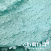 【新品】重工金线刺绣绿色雪纺立体花蕾丝布料连衣裙婚纱服装面料