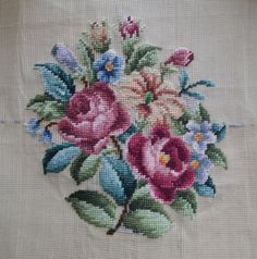 Vintage 30s Needlepoint Tapestry Floral Panel by sewmuchfrippery, $39.00