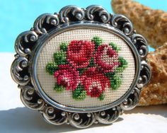 Vintage Needlepoint Embroidered Brooch