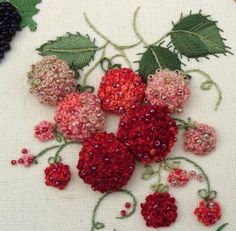 Paisley Designs: Update on some stitching - Natures Circle Stumpwork -
Stumpwork raspberries stitched with french knots and beads on a separate
cloth, then gathered and attached