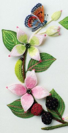 Jane Nicholas stumpwork embroidery (Dogwood, Green Lacewing and butterfly)