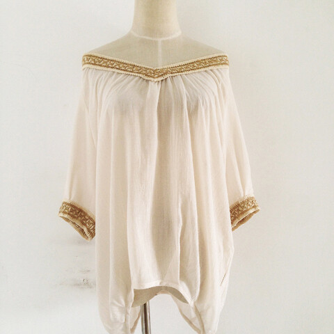 古着vintage复古 棉麻双v领编织钩花蝙蝠袖宽松上衣百搭显瘦罩衫
