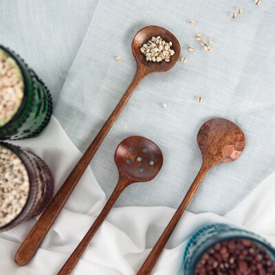 日式天然实木餐具 楠木创意木质木勺漏勺长柄直柄汤勺搅拌勺