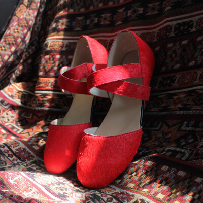 【流浪小红鞋】13plus原创设计文艺复古马毛真皮舒适平底鞋正红色