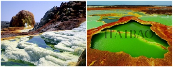 Dallol (达洛尔) ,埃塞俄比亚
Dallol Volcano 并非无人接触之地，附近有采盐的活动，但因接近火山，所以并无人居住，但最让人着迷的是，科学家认为，这个犹如外星般的风景，和伽利略卫星中最接近木星的卫星–Io 有着惊人的相似之处。