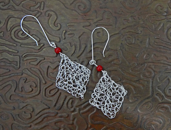 Silver wire crochet earrings Red bamboo coral. Silver drop
earrings.Dangle earrings.Silver Red earrings Geometric Wire earrings
Wire jewelry