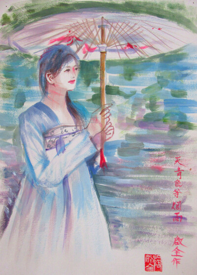 兔子凌风写意画作品《天青色等烟雨》