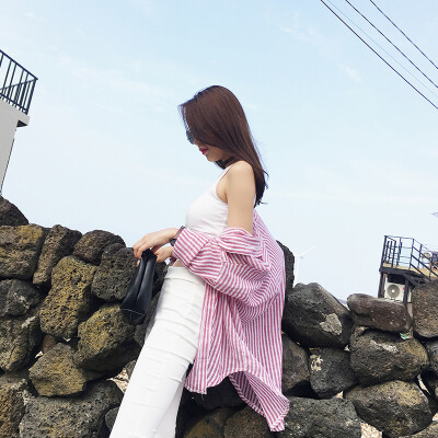 MISSQ 夏季BF风长袖中长款条纹衬衫外套韩版宽松防晒衣女