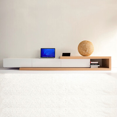 装典 时尚现代简约韩式客厅板式电视柜 白色+原木色伸缩地柜TN002