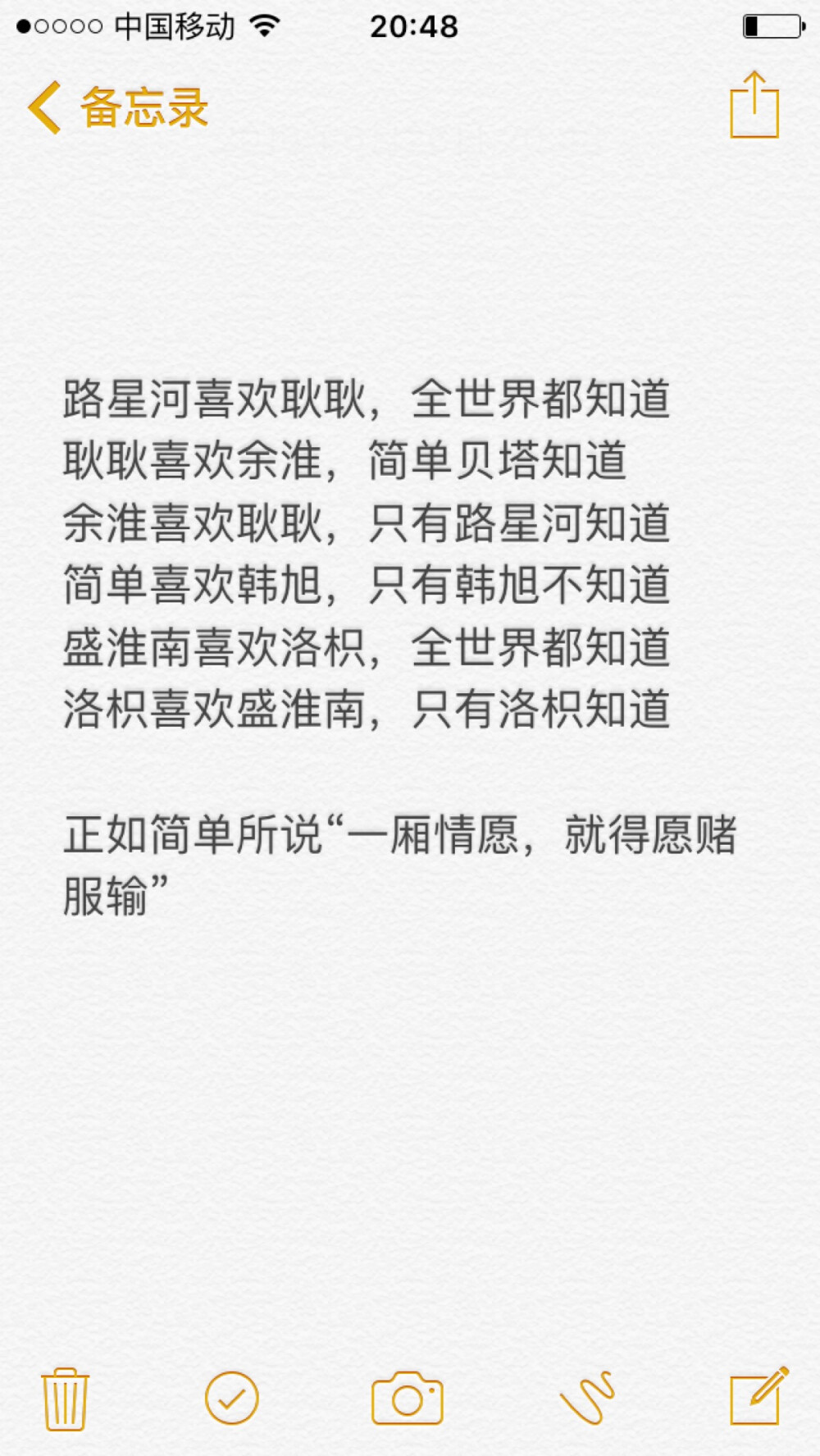 路星河喜欢耿耿，全世界都知道
耿耿喜欢余淮，简单贝塔知道
余淮喜欢耿耿，只有路星河知道
简单喜欢韩旭，只有韩旭不知道
盛淮南喜欢洛枳，全世界都知道
洛枳喜欢盛淮南，只有洛枳知道
正如简单所说“一厢情愿，就得愿赌服输”