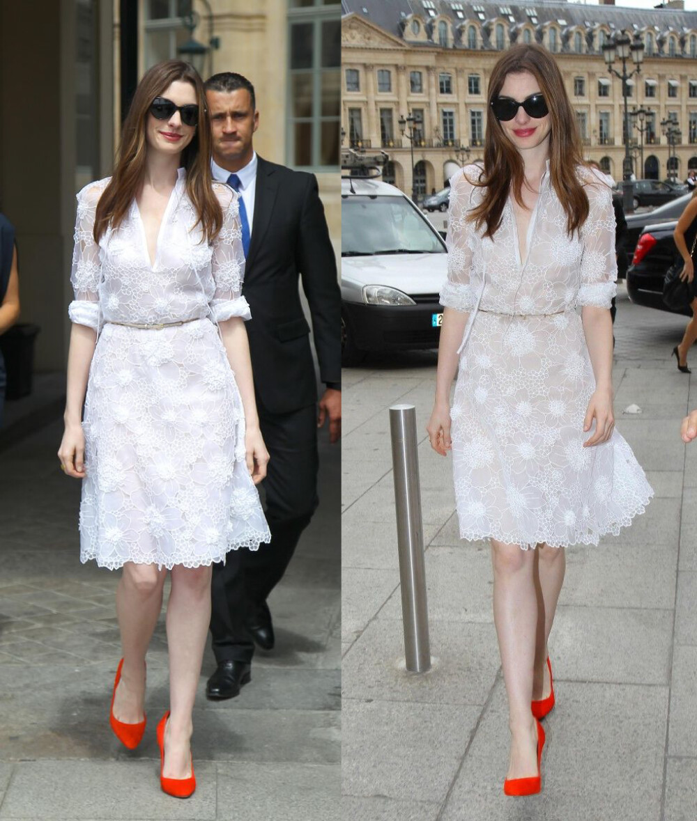 Anne Hathaway
巴黎时装周时安妮的造型
好美的白裙子～
红色高跟鞋也超美！！