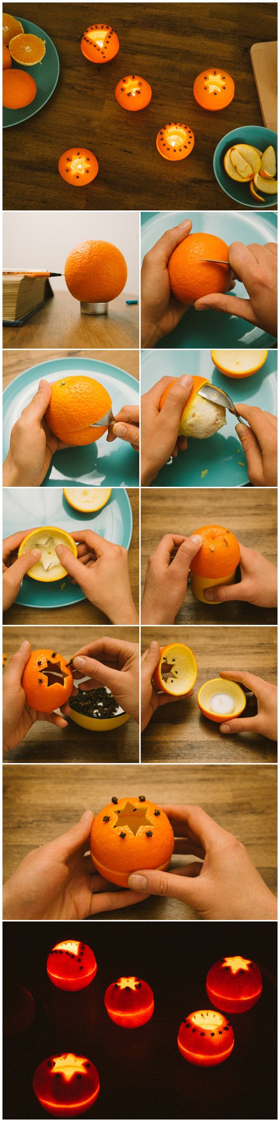 orange rind tea light holders decorated with cloves. these must smell amazing!