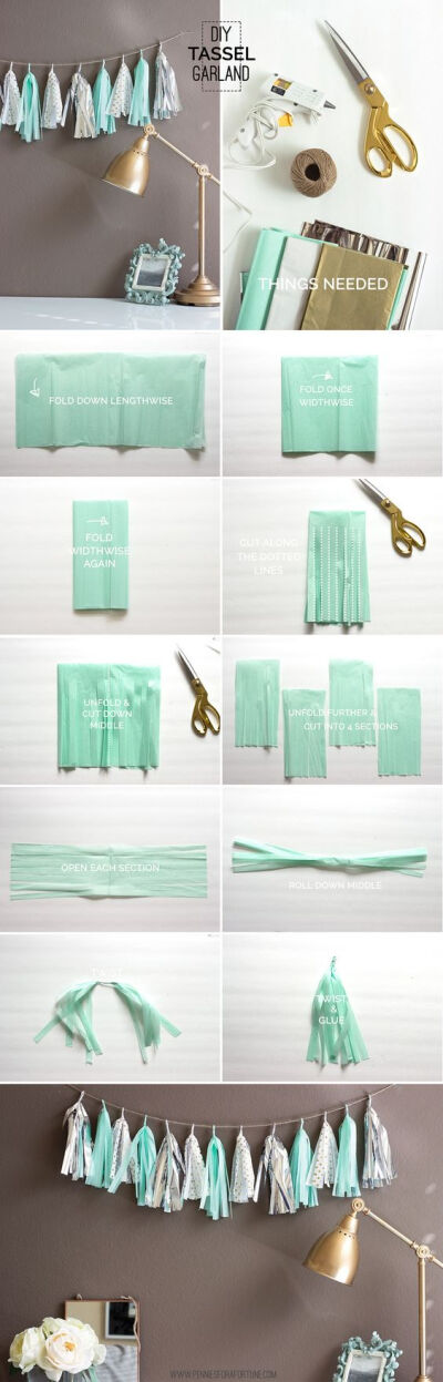 Add some sparkle to your next party with this super easy mint, gold, and silver tassel garland. Choose your own colors to create unique party or home decor!